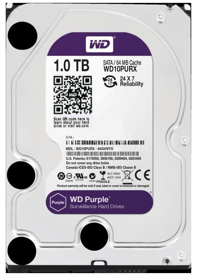 Жесткий диск (HDD), стандарт SATA-III, объем 1000 GB (1 TB) для видеонаблюдения Western Digital HDD 1000 GB (1 TB) SATA-III Purple (WD10PURX)
