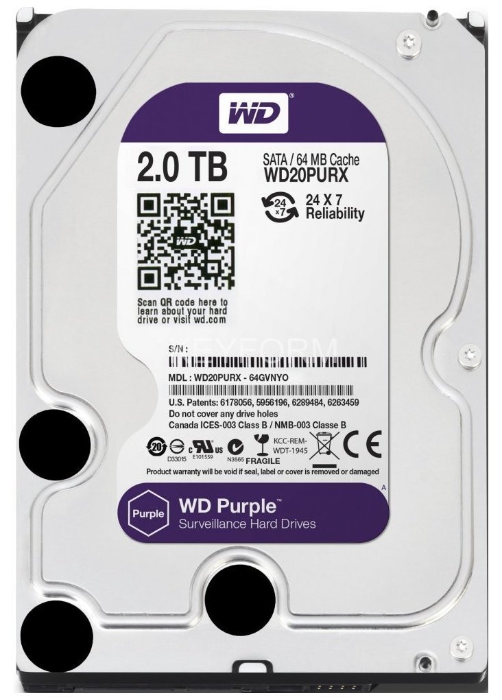 Жесткий диск (HDD), стандарт SATA-III, объем 2000 GB (2 TB) для видеонаблюдения Western Digital HDD 2000 GB (2 TB) SATA-III Purple (WD20PURX)