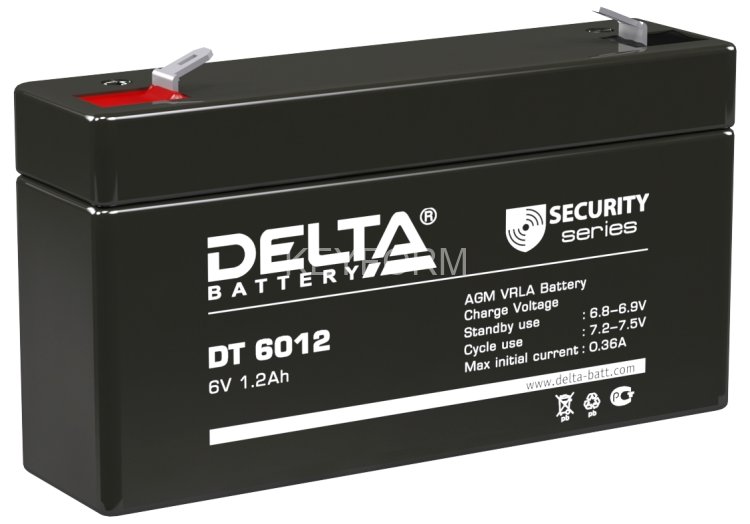 Батарея DELTA серия DT, DT 6012, напряжение 6В, емкость 1.2Ач (разряд 20 часов), макс. ток разряда (5 сек.) 16.2А, макс. ток заряда 0.36А, свинцово-кислотная типа AGM, клеммы F1, ДxШxВ 97х24х51мм., вес 0.29кг., срок службы 5 лет. Delta DT 6012 (6V / 1.2A