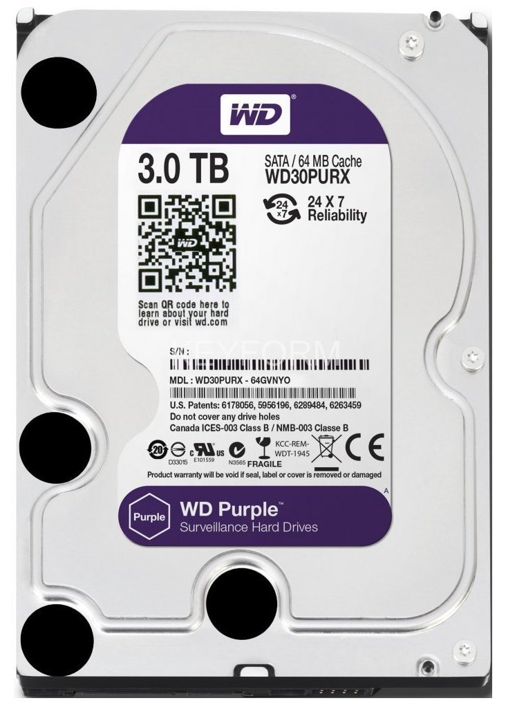 Жесткий диск (HDD), стандарт SATA-III, объем 3000 GB (3 TB) для видеонаблюдения Western Digital HDD 3000 GB (3 TB) SATA-III Purple (WD30PURX)