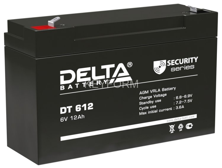 Батарея DELTA серия DT, DT 612, напряжение 6В, емкость 12Ач (разряд 20 часов), макс. ток разряда (5 сек.) 150А, макс. ток заряда 3.6А, свинцово-кислотная типа AGM, клеммы F2, ДxШxВ 151х50х94мм., вес 1.6кг., срок службы 5 лет. Delta DT 612 (6V / 12Ah)