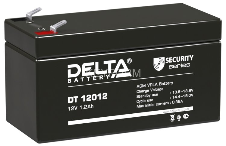 Батарея DELTA серия DT, DT 12012, напряжение 12В, емкость 1.2Ач (разряд 20 часов), макс. ток разряда (5 сек.) 19.5А, макс. ток заряда 0.36А, свинцово-кислотная типа AGM, клеммы F1, ДxШxВ 97х45х52мм., вес 0.55кг., срок службы 5 лет. Delta DT 12012 (12V /