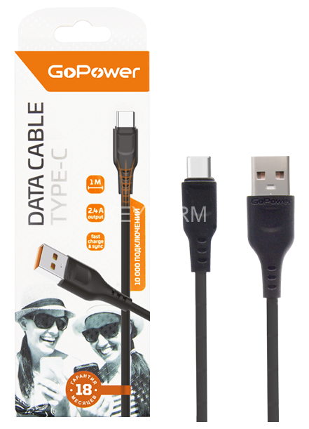 Кабель GoPower GP01T USB (m)-Type-C (m) 1.0м 2.4A ПВХ черный (1/800) GoPower 00-00018566