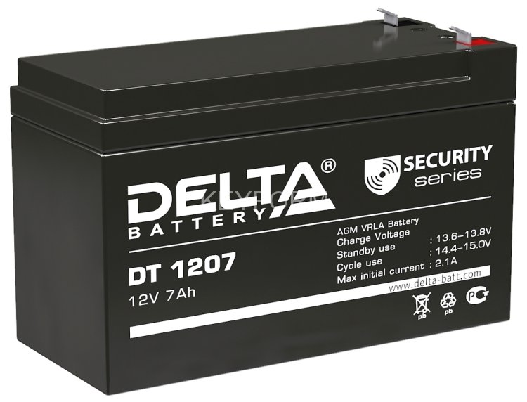 Батарея DELTA серия DT, DT 1207, напряжение 12В, емкость 7Ач (разряд 20 часов), макс. ток разряда (5 сек.) 108А, макс. ток заряда 2.1А, свинцово-кислотная типа AGM, клеммы F1, ДxШxВ 151х65х95мм., вес 2.05кг., срок службы 5 лет. Delta DT 1207 (12V / 7Ah)