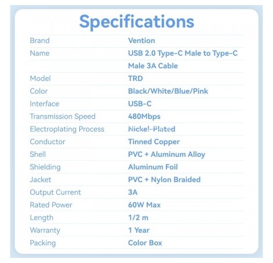 Кабель Vention USB 2.0 CM/CM - 2м. Черный 3А PD60W Vention TRDBH