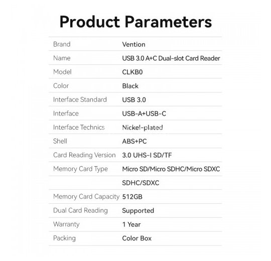 Картридер Vention USB 3.0 A+C (SD+TF) Черный Vention CLKB0