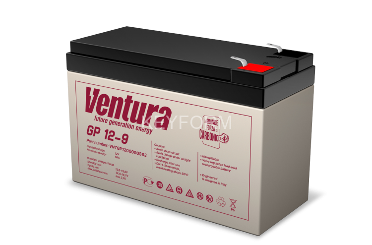 Батарея Ventura серия GP, GP12-9, напряжение  12B, емкость 9Ач (разряд 20 часов), макс. ток заряда 2.25А,  свинцово-кислотная типа AGM,  клеммы  T2, ДШВ  151х65х100мм, вес 2.5кг Ventura АКБ GP12-9