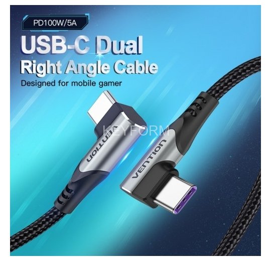 Кабель Vention USB 2.0 CM/CM угловой - 1м. Серый 5А PD100W Vention TANHF