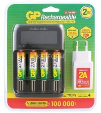 Многофункциональное ЗУ для аккумуляторов типа Ni-Mh/NiCD: АААА, ААА, АА, А, SC, C 3,6/3.78, Li-Ion; 3,28/LiFePo4;  10440/14500/ 14650/16340/17355/17500/17670/18350/18500/18650/18700/ 20700/21700 /22650/ 22700/ 26500/26650. В комплекте 4 аккумулятора GP АА