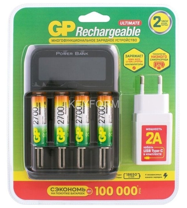Многофункциональное ЗУ для аккумуляторов типа Ni-Mh/NiCD: АААА, ААА, АА, А, SC, C 3,6/3.78, Li-Ion; 3,28/LiFePo4; 10440/14500/ 14650/16340/17355/17500/17670/18350/18500/18650/18700/ 20700/21700 /22650/ 22700/ 26500/26650. В комплекте 4 аккумулятора GP АА